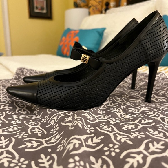 Tory Burch Shoes - Tory Burch Black Perforated Pointed-Toe Bow Mary Jane Heels